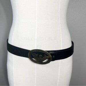 Black Embossed Leather Belt with Brass Eagle Buckle - Armani Jeans Giorgio Mens
